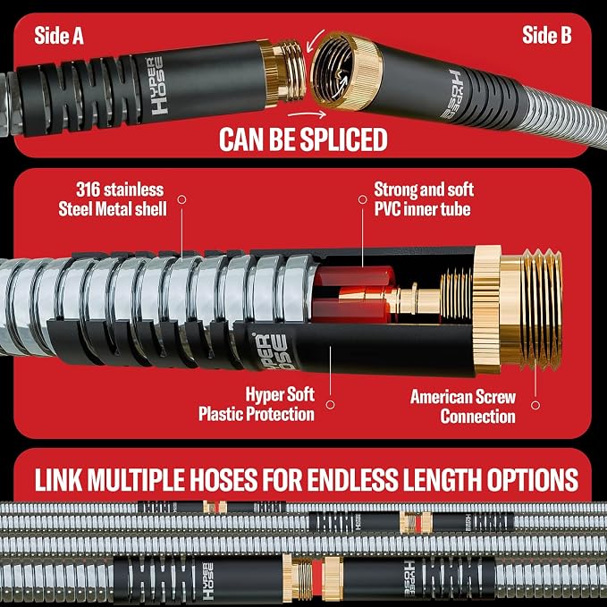 Best 100 ft Metal Garden Hose - No-Kink Durable 316 Stainless Steel, Spray Nozzle & Hook – Tough Flexible Heavy Duty Water Hoses, 5/8 in, Rust, Weather, LeakProof