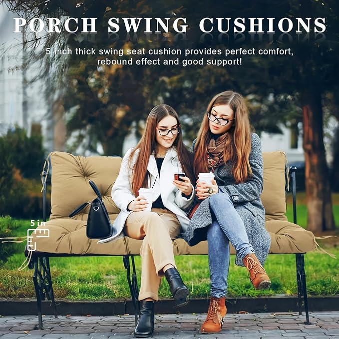 Porch Swing Cushions Outdoor, 5 Inch Thick Waterproof 2-3 Seater Replacement Swing Cushion with Backrest and Anti-Slip Ties, Perfect for Porch, Patio, Garden, Outdoor Bench Furniture, 40×40×5 Inch