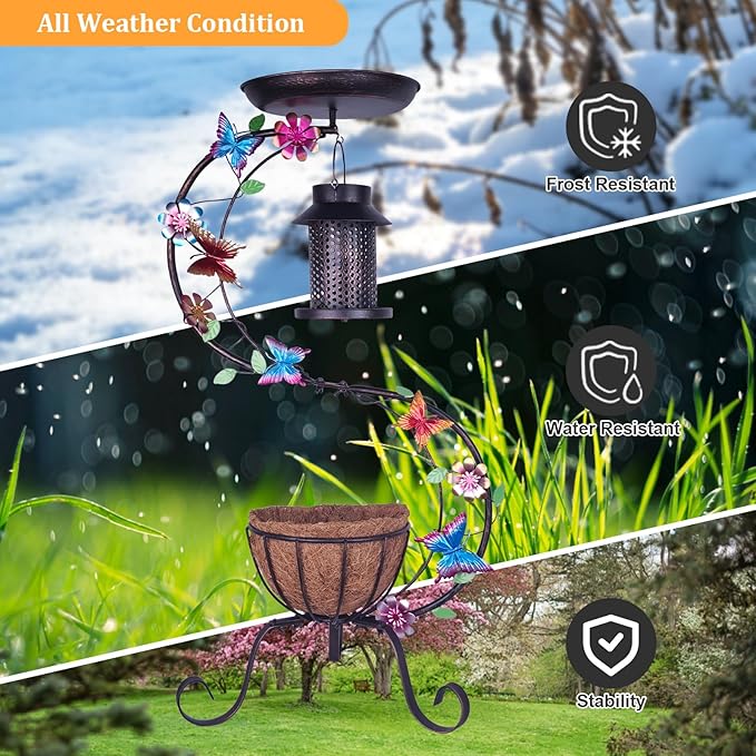hogardeck 3-in-1 Vintage Bird Bath & Detachable Hanging Bird Feeder with Flower Planter, Metal Heavy Duty Outdoor Birdbath, Weather Resistant Decor for Garden Yard Lawn