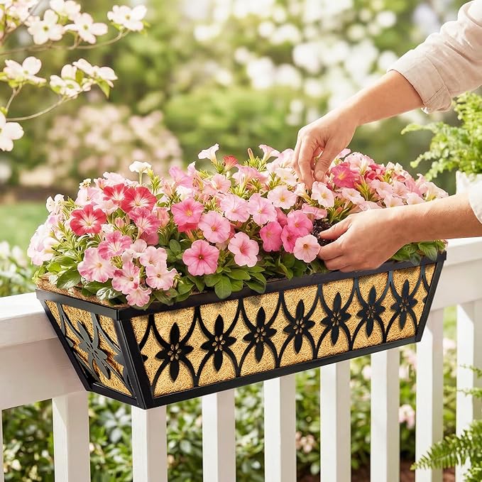 30 Inch Window Boxes Planters Railing Planter Box - 4 Pack Deck Railing Planter Boxes with Adjustable Brackets Coco Liners Balcony Planters Railing Hanging for Window Flower Boxes Outdoor Garden Decor