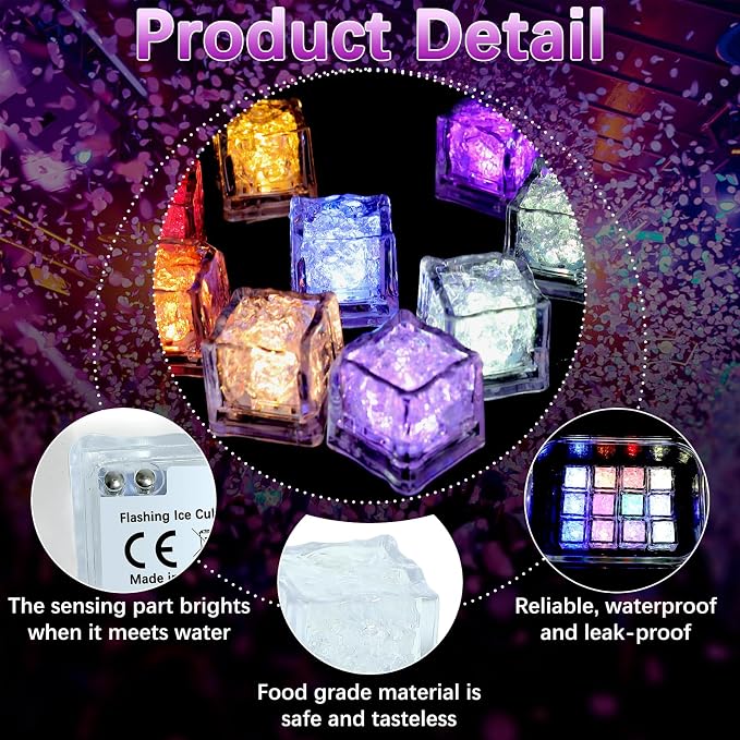 24 Pcs Light Up Ice Cubes - Waterproof LED Ice Cubes with Liquid Sensor and Color Changing Effect for Party, Bar, Wedding Decor - Multi Color