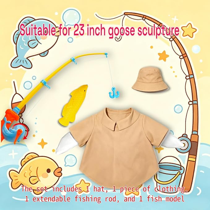 Fishing Porch Goose Outfits, Fisherman Costume for 23 Inch Plastic/Cement Goose, Goose Sculpture Clothes for Summer Yard Patio Party Decoration(Fishing Enthusiast 1)
