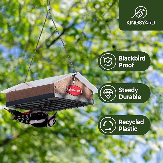 Kingsyard Upgraded Upside Down Suet Feeder for Outside Hanging - Recycled Plastic Wild Bird Feeder with Rainproof Roof for Attracting Woodpeckers Nuthatches Chickadees Finches. Brown