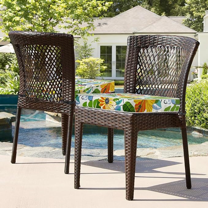 Patio Chair Cushions 19x19 Inch, Water Repellent Outdoor Seat Cushions with Adjustable Straps, Fade Resistant Replacement Cushions for Garden Deck Sofa Couch, Set of 2, Flower Bird