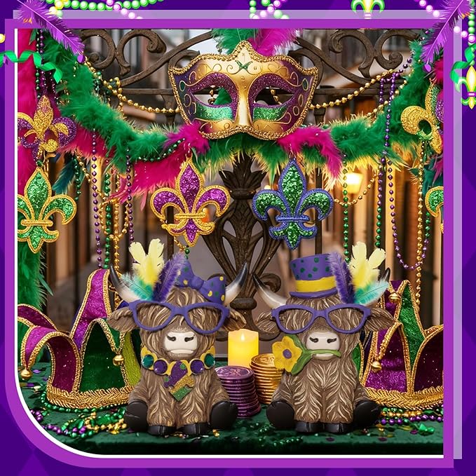 Simgoing 2 Pack Mardi Gras Highland Cow Figurines, Mardi Gras Masks Gnomes Carnival Masquerade Highland Cow Green Gold Purple Table Decor Scottish Resin Statue Calf Gift for Home Garden Kitchen Office