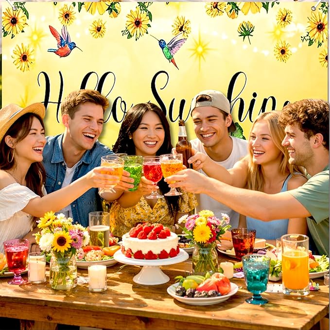 BlissYard Hello Sunshine Backdrop Decoration Sunflower Floral Banner 8x6ft Summer Spring Photo Backdrop Yellow Flower Background for Garden Party Photo Booth Seasonal Event Wall Display