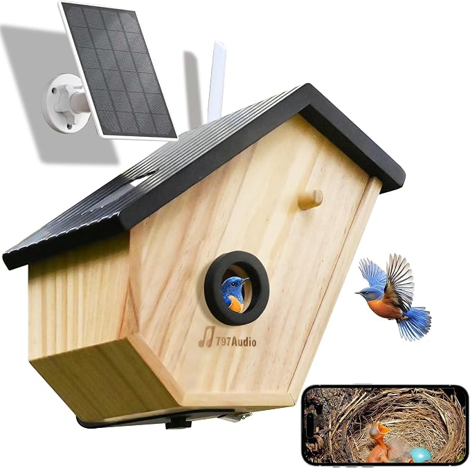 Smart Bird House with Camera for Outside Solar Powered, 2K HD&Night Vision View Birdhouse Nest Cam with AI Identify,Auto Capture Birds Motion Detection&Notify in Time,Ideal for Bluebird and Cardinal
