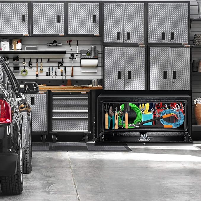 Black Steel Underbody Truck Tool Box with t-Handle Lock & Keys, Heavy Duty Storage Organizer Tool Chest for Pickup Truck Bed, RV & Trailer
