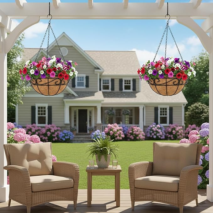 EIMQUVW Outdoor Metal Hanging Planters Basket (4pack, 12 inch) Hanging Baskets for Plants Chain Round Wire Plant Holder with Coco Fiber Liners for Garden, Patio, Deck, Porch(Flower Border)