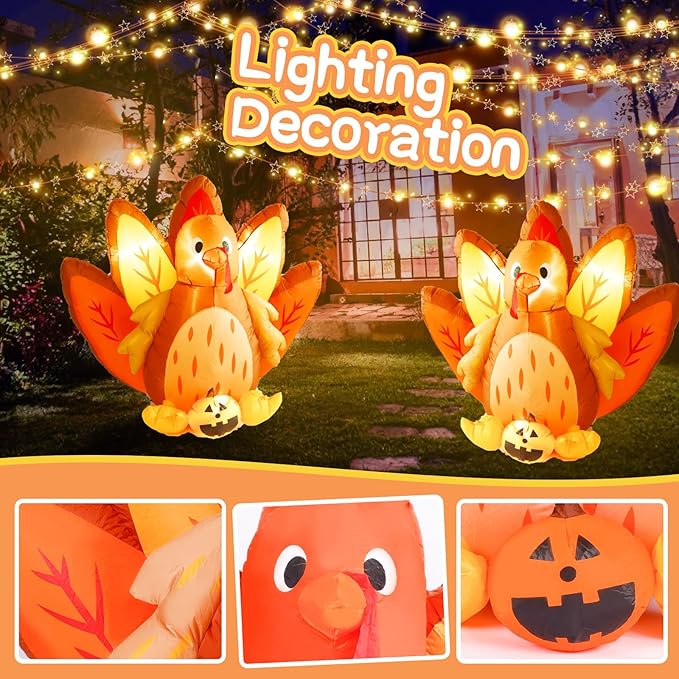 5FT Halloween & Thanksgiving Inflatable Turkey&Pumpin,with Built-in LED Lights, Outdoor/Indoor Seasonal Decoration with Pumpkin, Yard Lawn Garden Holiday Blow-Up Decor