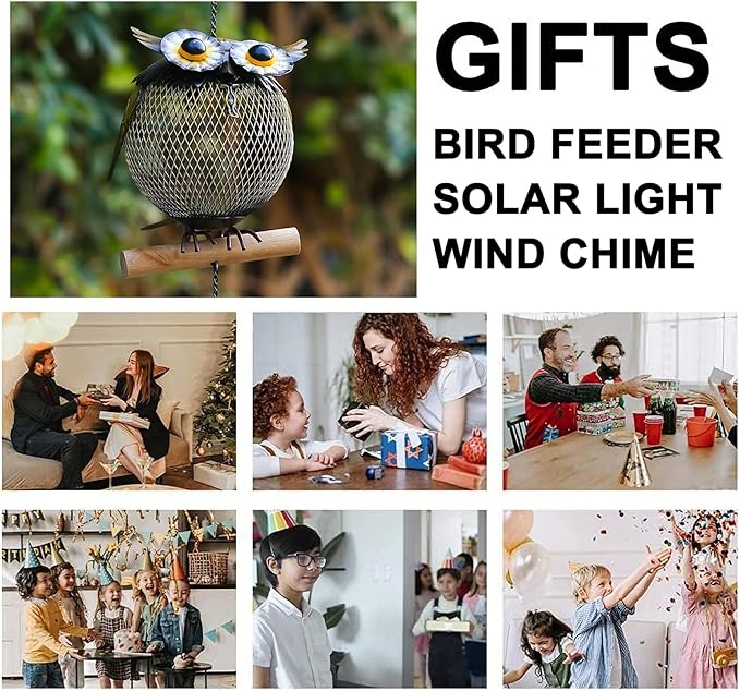 Solar Owl Bird Feeder Squirrel Proof for Outside - Unique Cute Metal Animal Shaped Wild Bird Feeder with Solar Light, Wind Chime, Gift for Bird Lovers(Owl)