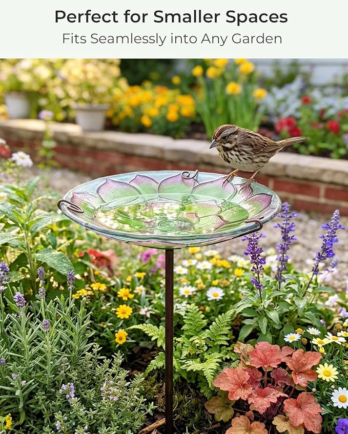 10.5" D Glass Bird Bath with Stake – Shallow Bird Bath for Outside Garden Backyard – Decorative Birdbath & Feeder for Patio Lawn – Hand-Painted Glass Water Dish, Green