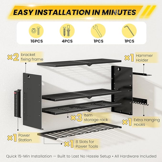 Hipidian Heavy Duty Adjustable Power Tool Organizer Wall Mount with Charging Station - 650lb Capacity 4 Layer Storage Rack with 8 Drill Holders for Garage Workshop Tools, Gifts for Men
