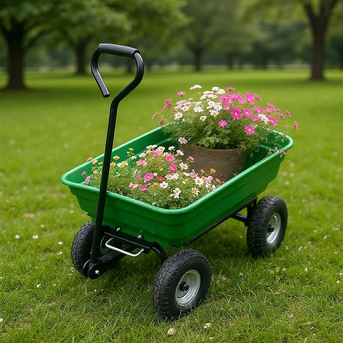 Garvee Wheelbarrow Garden Cart, Heavy-Duty Garden Dump Cart, Four-Wheel Home Garden Yard Utility Wheelbarrow Cart with Built-in Stand & D-Handle Steering for Gardening, Yard Work & Landscaping