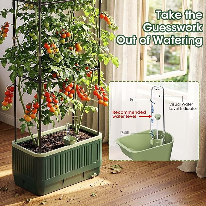 51" Self Watering Planter Box with Trellis, Tomato Planter Trellis for Raised Garden Bed, Tomato Cage with Visual Water Indicator, Indoor Outdoor Tomato Cages for Garden Patio