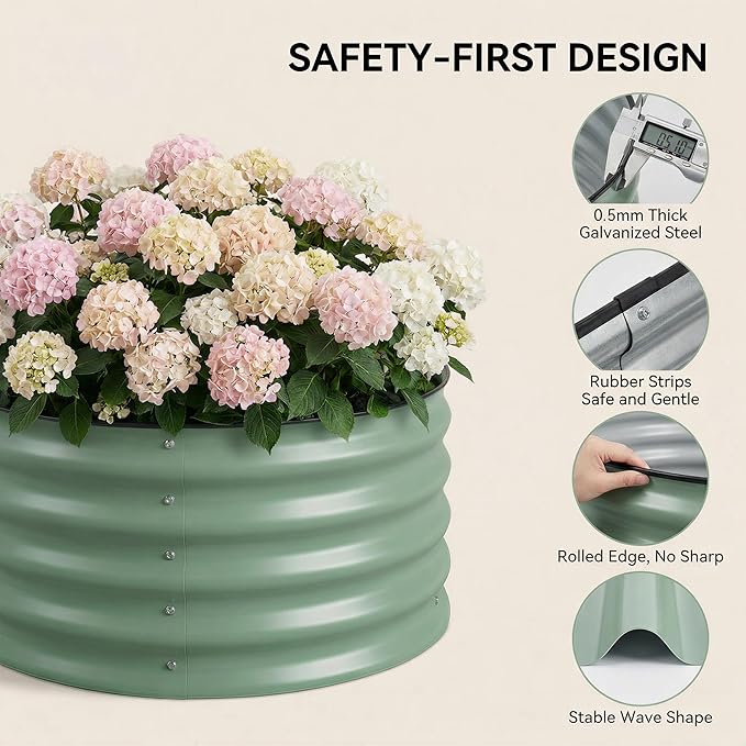 SPONVATT 2Pcs Round Galvanized Raised Garden Bed Kit 24 x 12 Inch Metal Planter Box Outdoor with Safety Rubber Edge Trim Rust Proof Weather Resistant Circular Steel Garden Beds Sage Green 12 Inch Deep