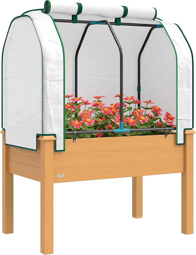 Outsunny Raised Garden Bed with PE Greenhouse Cover Outdoor Elevated Wood Planter Box for Herbs and Vegetables, Use for Patio, Backyard, Balcony, 35 x 22 x 47 inch, Sand