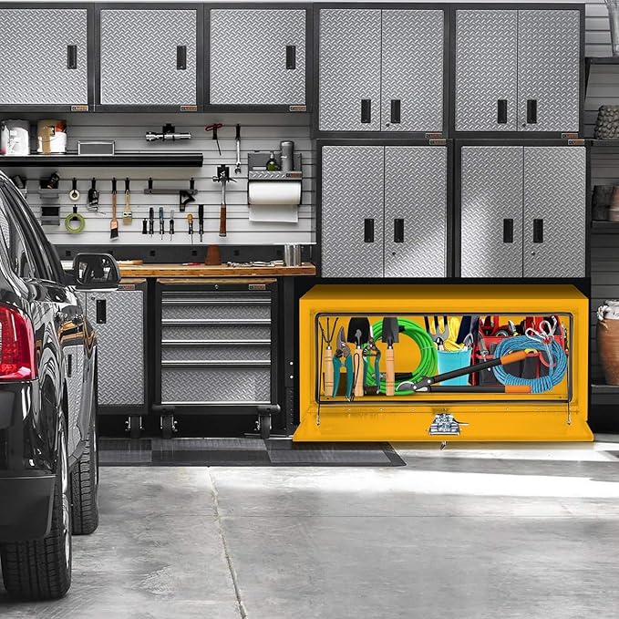 Black Steel Underbody Truck Tool Box with t-Handle Lock & Keys, Heavy Duty Storage Organizer Tool Chest for Pickup Truck Bed, RV & Trailer