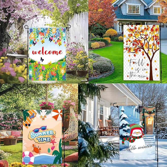 Seasonal Garden Flags Set of 12, 12 x 18 Inch Double-Sided Yard Flags for Spring Summer Fall Winter and Holiday Decorations, Weather Resistant Outdoor Welcome Flag Set (No.1)