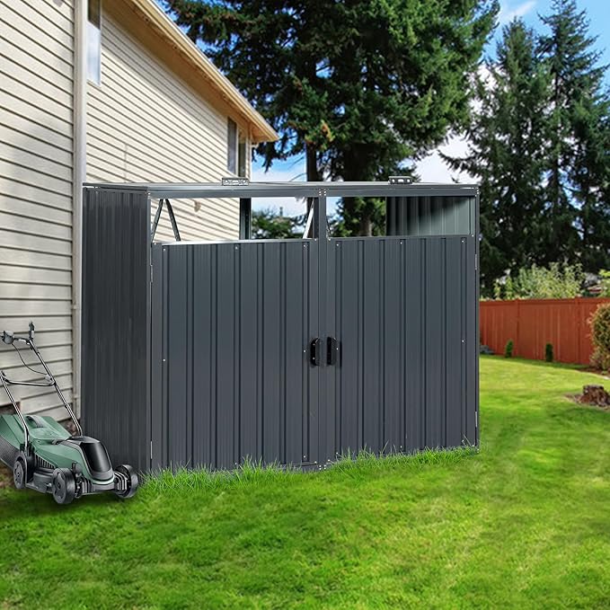62.99" Metal Garbage Bin Shed Stores with Ventilated and Lockable,Patio Furniture 2 Trash Cans Outdoor Sheds w/Rust-Proof & Scratch- Resistant,for Garden Yard Lawn,Black