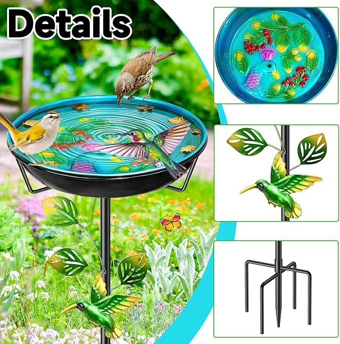 Metal Bird Bath for Outside, Vintage Birdbaths Removable Feeder Bowl with Butterfly Flower, Easy to Clean Birdfeeder for Outdoors Garden Yard Lawn Decor (Blue)