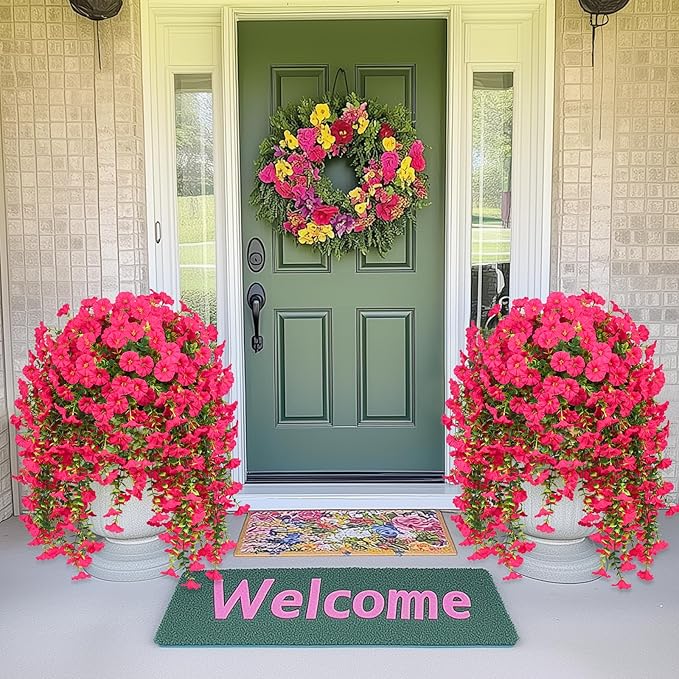 MARTINE MALL 4 Pcs Look Real Artificial Flowers for Outdoors, Realistic Artificial Hanging Flowers for Outdoors, UV Resistant Fake Hanging Plants Silk Petunia Faux Flowers for Porch Patio, Rose Red
