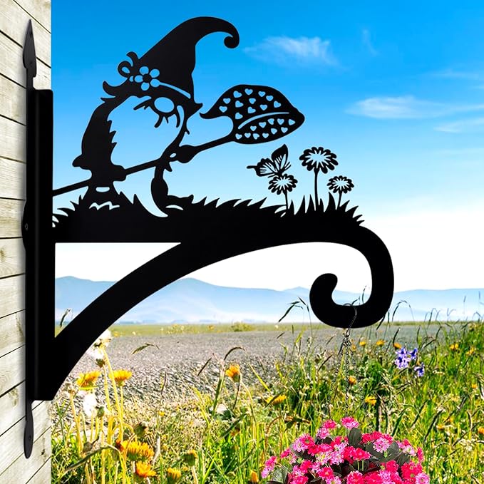 Hanging Plant Bracket Heavy Duty Iron Ornamental Gnome Silhouette Hanging Plant Hangers Outdoor 12 inch Basket Bracket Hook Wall Mounted for Flower Pot, Lantern, Bird Feeder, Wind Chimes
