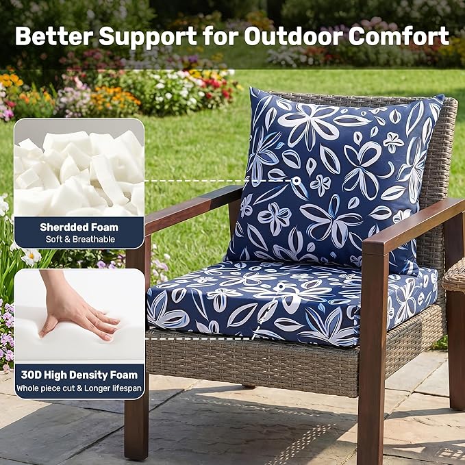 UNIKOME Outdoor Seat Cushions 19 X 19 Inch - Water-Resistant & Fade Resistant, Removable Cover Patio Furniture Cushions for Chair, Sofa, Couch, Wicker, NavyBlue/White