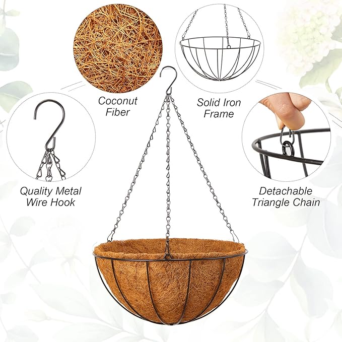 Rtteri 8 Pcs 8 Inch Hanging Baskets for Plants Outdoor with Metal Wire Frame and Coconut Coir Liners, Round Wire Hanging Baskets with Chain for Patio Garden Porch Decoration