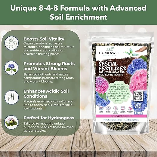 GARDENWISE Slow Release Hydrangea Fertilizer with Iron & Sulfur – Indoor & Outdoor Soil Acidifier for Miracle Growth (2 qt)