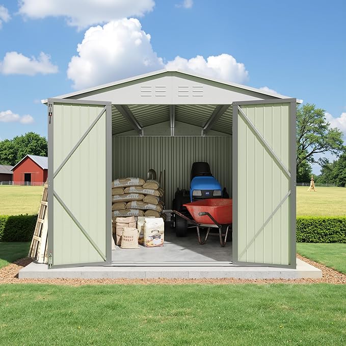 Greesum 8x12FT Outdoor Storage Shed, Utility Tool Shed with Sloping Roof, Metal Storaged Garden Shed with Door & Lock for Patio Storage, Gray