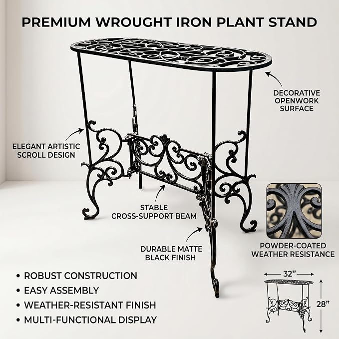 Vintage Scrollwork Cast Iron Plant Stand, 22.6 x 9.3 x 22 Inch, Heavy-Duty Oval Top, Indoor Outdoor Use (22.3" Tall Rectangle Pattern)