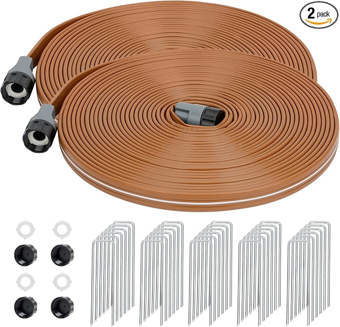 Sprinkler Soaker Hose 100 FT, Watering Hose with Holes, High-Efficiency Water-Saving Sprinklers System for Lawn and Garden with Staples 50FT × 2Pack