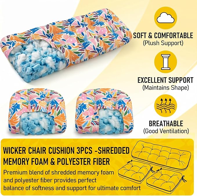 1 MIDDLE ONE Wicker Chair Cushions 3 Pieces Set for Outdoor Furniture, Replacement Patio Wicker Furniture Cushions, 1Pc Loveseat Cushion & 2Pcs Chair Cushions (Colorful Leaves)