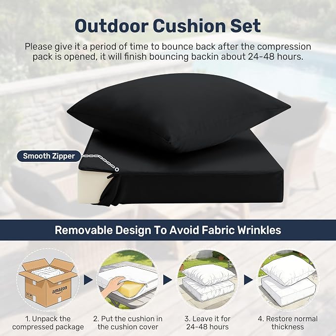 UNIKOME Outdoor Seat Cushions 24 X 24 X 4 Inch, Waterproof & Fade Resistant Patio Furniture Replacement Cushions with Removable Cover for Chair, Sofa, Couch, Wicker, Black