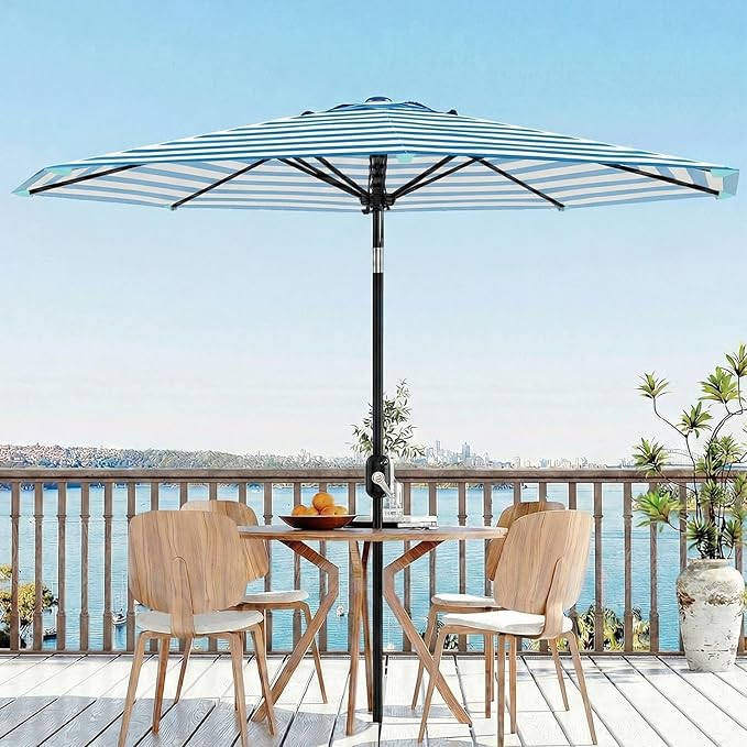 Garvee 9FT Outdoor Patio Umbrella 8 Sturdy Ribs Outdoor Table Umbrella with Crank Lift & Push Button Tilt - UV Protection Waterproof Market Umbrellas for Pool Deck Yard Garden, Blue & White Stripes