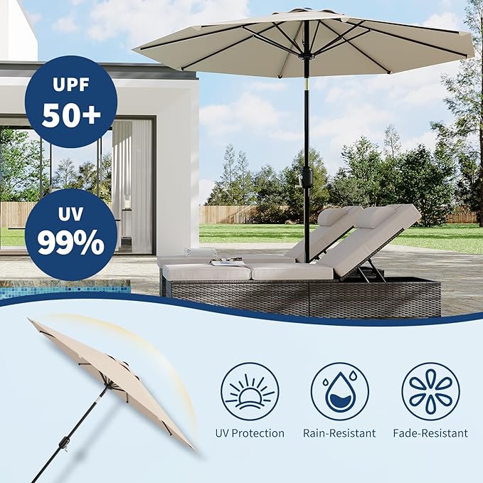 Garvee 9 ft Outdoor Patio Umbrella 8 Sturdy Ribs Outdoor Table Umbrella with Crank Lift & Push Button Tilt - UV Protection Waterproof Market Umbrellas for Pool, Deck, Yard, Garden, Light Beige