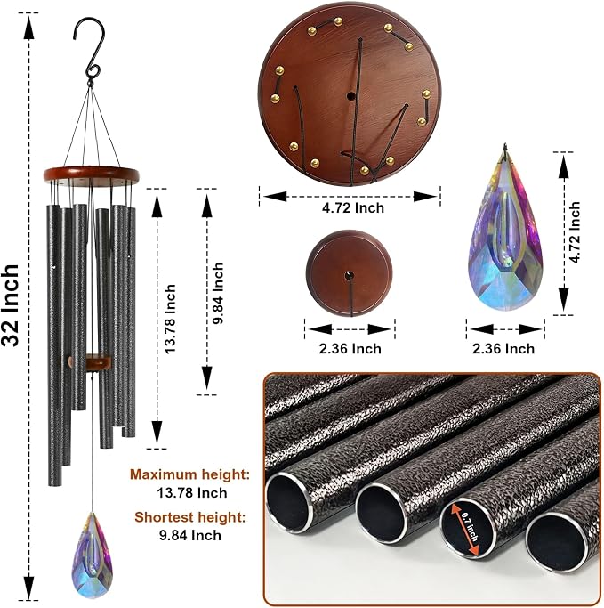 2in1 Design Luxury Beautiful Wind Chimes & Suncatcher, Deep Tone Wind Chime with Sun Catcher Prism for Window Patio Decor Crystal Wind Chimes for Outside Garden Gifts Women Gifts Unisex 32"