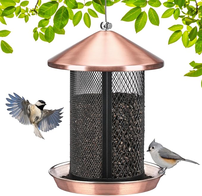 Veehoo Metal Bird Feeder for Outdoors-Dual Seed Chambers & Wild Bird Feeder Hanging Bird Feeder for Outside, Mesh Tube Feeder with Weatherproof Roof for Cardinal Bluebird Finch, Antique Copper