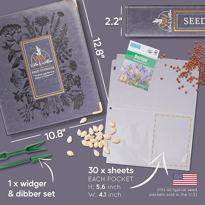 Create-ables Willow and Wildflower Garden Seed Organizer Binder, Seed Storage Organizer, Garden Binder Book for Packet Storage Catalog Can Store 120 Packets with Dibber and Widger (Slate Blue)