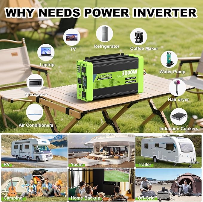 Vansdon 3000W Pure Sine Wave Inverter 12V DC to 120V AC Power Inverters for RV,Truck, Solar, Home, Off-Grid, Car with LCD Display, 3 AC Outlet, 30W USB-C, 5V 2.1A USB,Remote Control, Surge 6000W
