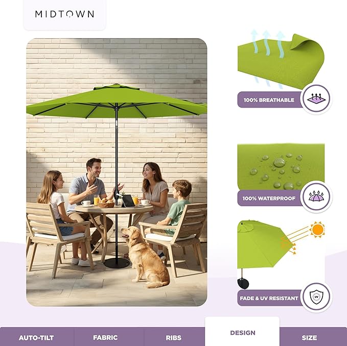 Midtown Umbrellas – The Swilt 8 Ft Patio Umbrellas with 360° Swivel & Tilt Mechanism, 8 Fiberglass Ribs & Terylast Polyester Fabric for Backyard, Deck, Pool & Cafes - Pear Canopy, Black Pole