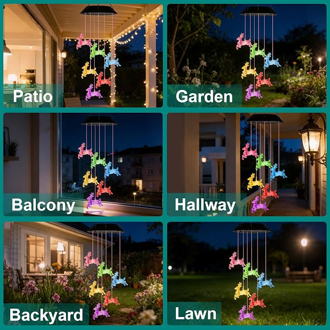 7-Color Light Changing Deer Solar Lights for Outside, Solar Lights Gifts for Father's Day, Solar Deer Wind Chimes Gifts for Women, Mom, Grandma, Garden Yard Lawn Outdoor Decor Mobiles