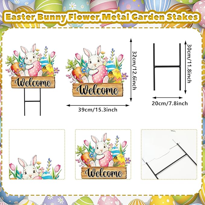 JarThenaAMCS Easter Metal Garden Stake Welcome Yard Sign Watercolor Bunny Rabbit Egg Floral Decorative Lawn Sign for Spring Home Outside Lawn Porch Walkway Pathway