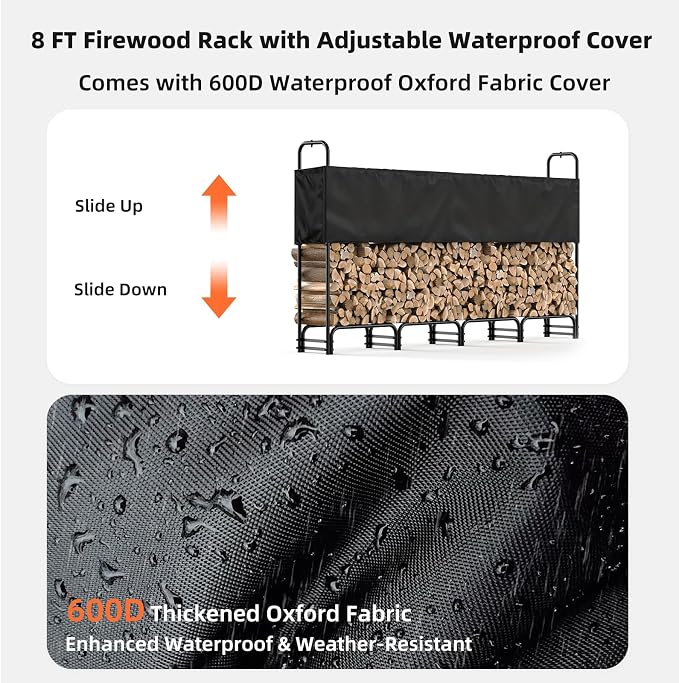 8FT Firewood Rack with Cover Outdoor, Heavy Duty Wood Storage Rack with 600D Oxford Waterproof Adjustable Cover for Fireplace, Patio, Deck, 1/2 Cord Log Holder with Firewood Carry Bag