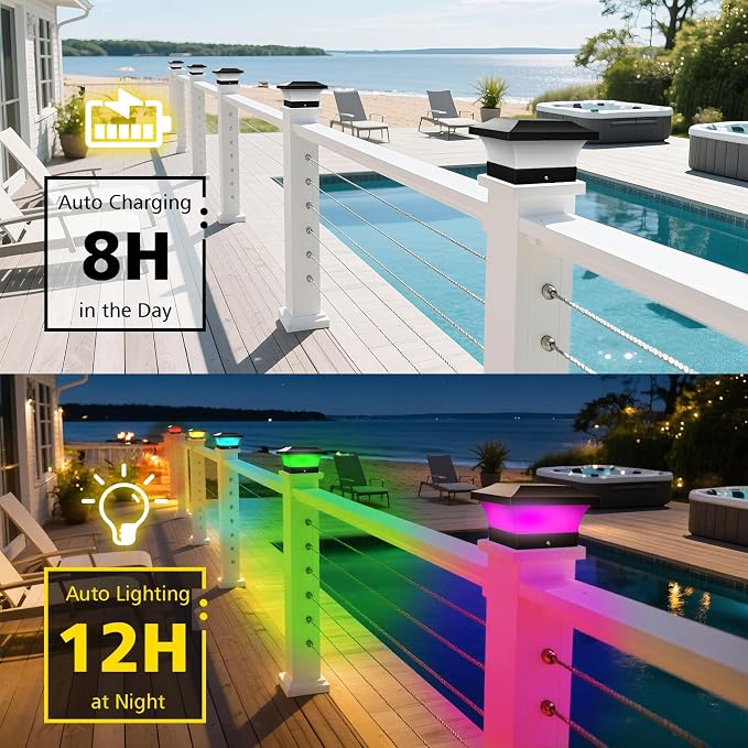 T-SUN Solar Post Cap Lights, Outdoor Waterproof Post Solar Lights, Color Changing Fence Post Solar Lights for 4X4 5X5 6X6 Wood & Vinyl Posts, Deck, Patio Railing, Porch, (Black-2 Pack)