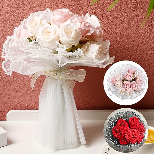 Gilprop 8 Pcs Flower Wrapping Mesh Paper, 11 Inch x 4 Yard Wavy Pearl Edge Wrinkled Flower Packaging Mesh, Florist Supplies for Teacher Mother's Day Gifts (White,Black)
