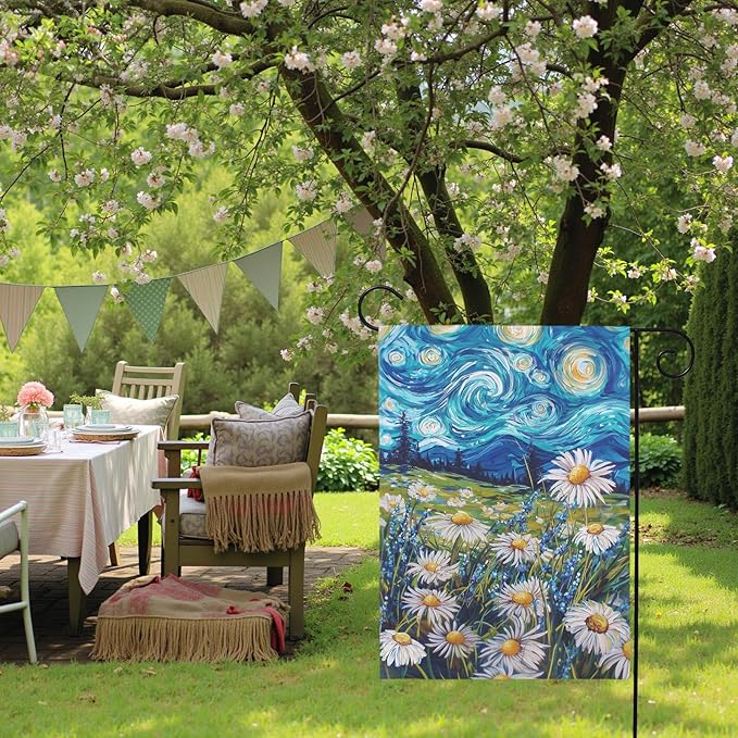 Spring Daisy Garden Flag Starry Night Van Gogh Style Yard Flags Vibrant Floral Meadow Landscape Seasonal Welcome House Banners for Summer Patio Lawn Porch Farmhouse Outdoor Decor 12x18 Inch
