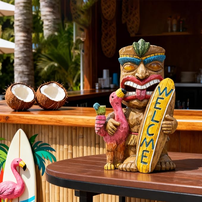 Solar Tiki Garden Statue Outdoor Decor with Flamingo Waterproof Welcome Sign for Tiki Bar, Patio, Balcony, Yard, Lawn, Front Door Decorations, Gardening Gift for Tiki Man