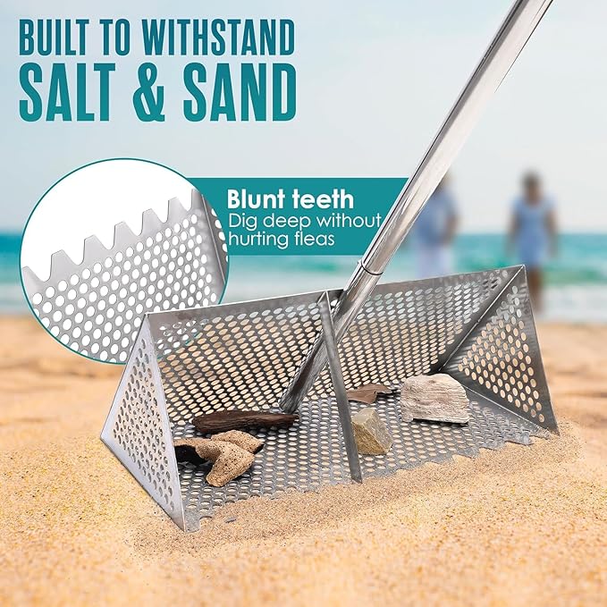 Sand Flea Rake, Sand Flea Rake Stainless Steel – 16" Wide Stainless Steel Sand Sifter for Shark Teeth, Shells & Sand Crabs, Collapsible Design with Drain Screen